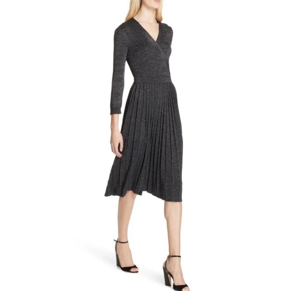 Kate Spade Metallic Dashing Beauty Knit V Neck Pleated Skirt Sweater Dress Sz Xs